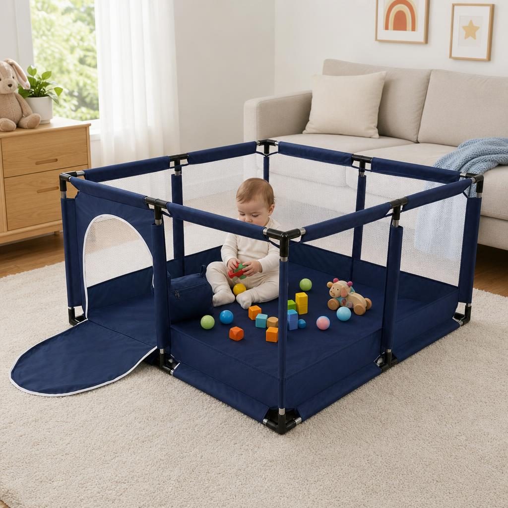 Tarc de Joaca pentru Copii DNT-106, , Model Spatiu Fotbal, 126 x 126 x 65 cm, Structura de Protectie pentru Interior, ABS si Poliester rezistent, Albastru marin 2