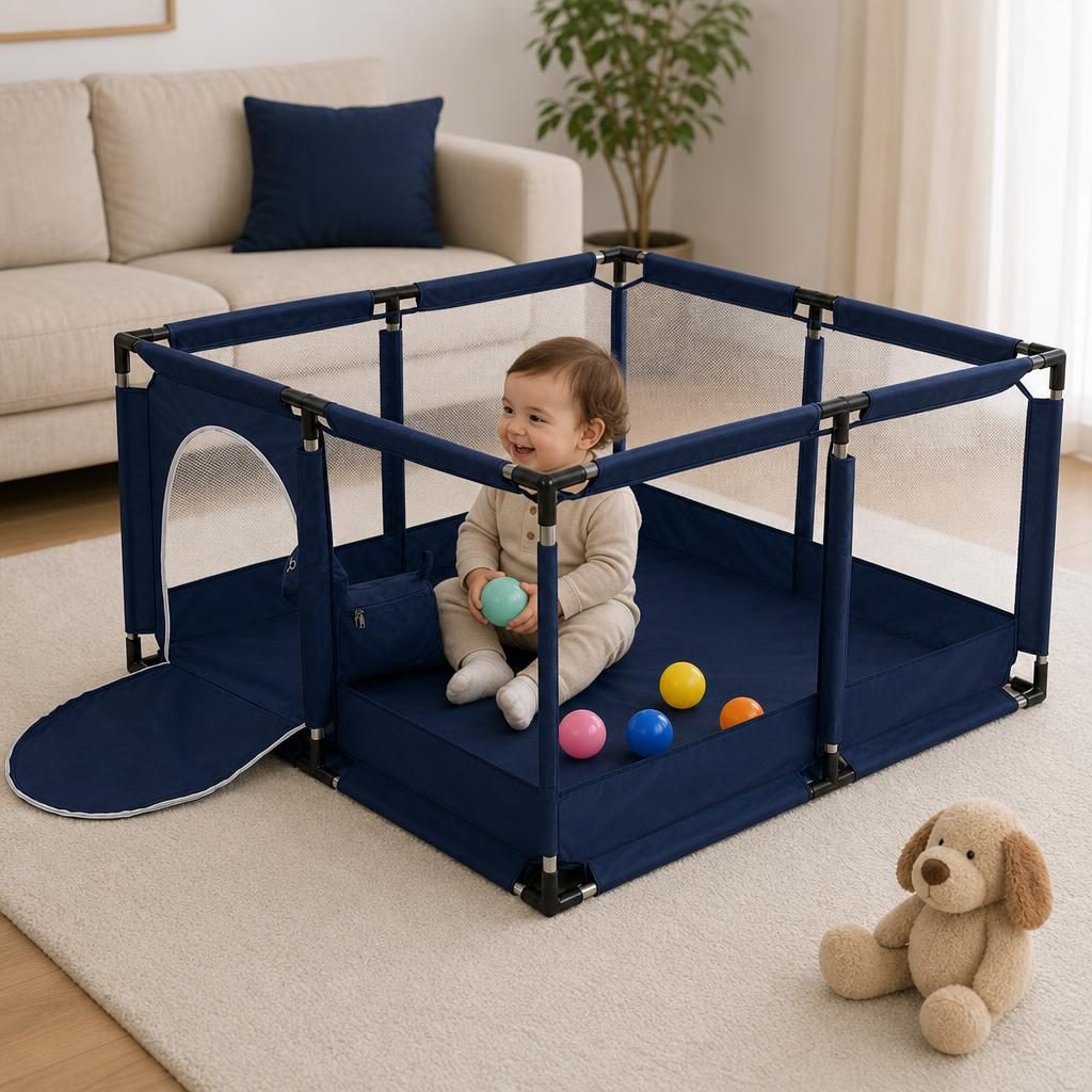 Tarc de Joaca pentru Copii DNT-106, , Model Spatiu Fotbal, 126 x 126 x 65 cm, Structura de Protectie pentru Interior, ABS si Poliester rezistent, Albastru marin 3