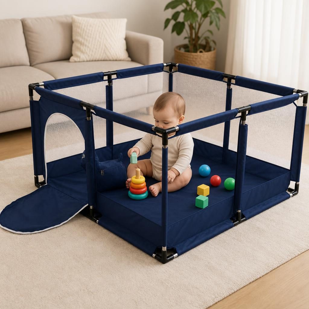 Tarc de Joaca pentru Copii DNT-106, , Model Spatiu Fotbal, 126 x 126 x 65 cm, Structura de Protectie pentru Interior, ABS si Poliester rezistent, Albastru marin 4
