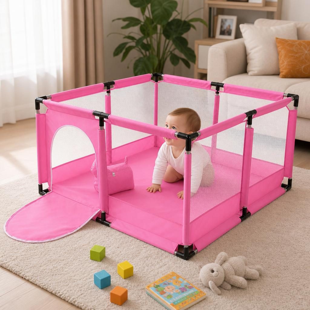Tarc de Joaca pentru Copii DNT-106, , Model Spatiu Fotbal, 126 x 126 x 65 cm, Structura de Protectie pentru Interior, ABS si Poliester rezistent, Roz 2