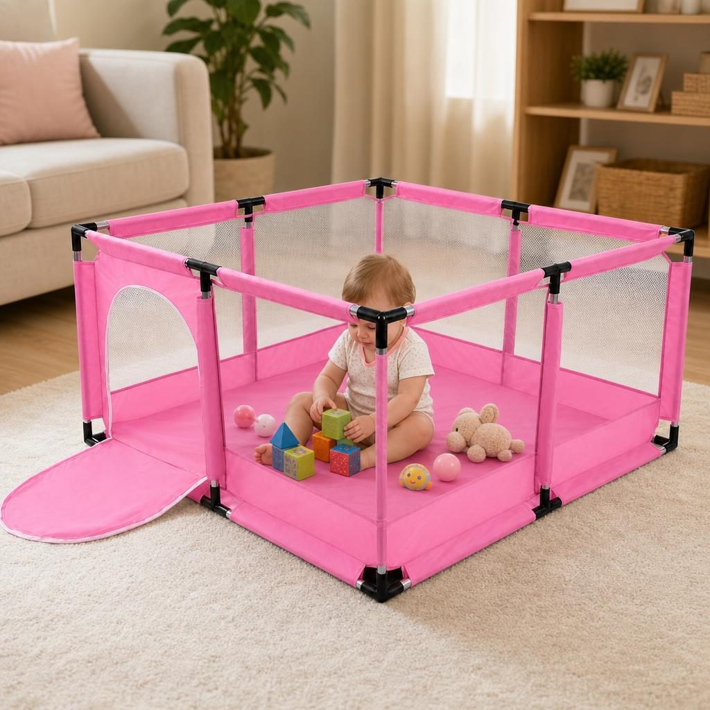 Tarc de Joaca pentru Copii DNT-106, , Model Spatiu Fotbal, 126 x 126 x 65 cm, Structura de Protectie pentru Interior, ABS si Poliester rezistent, Roz 3