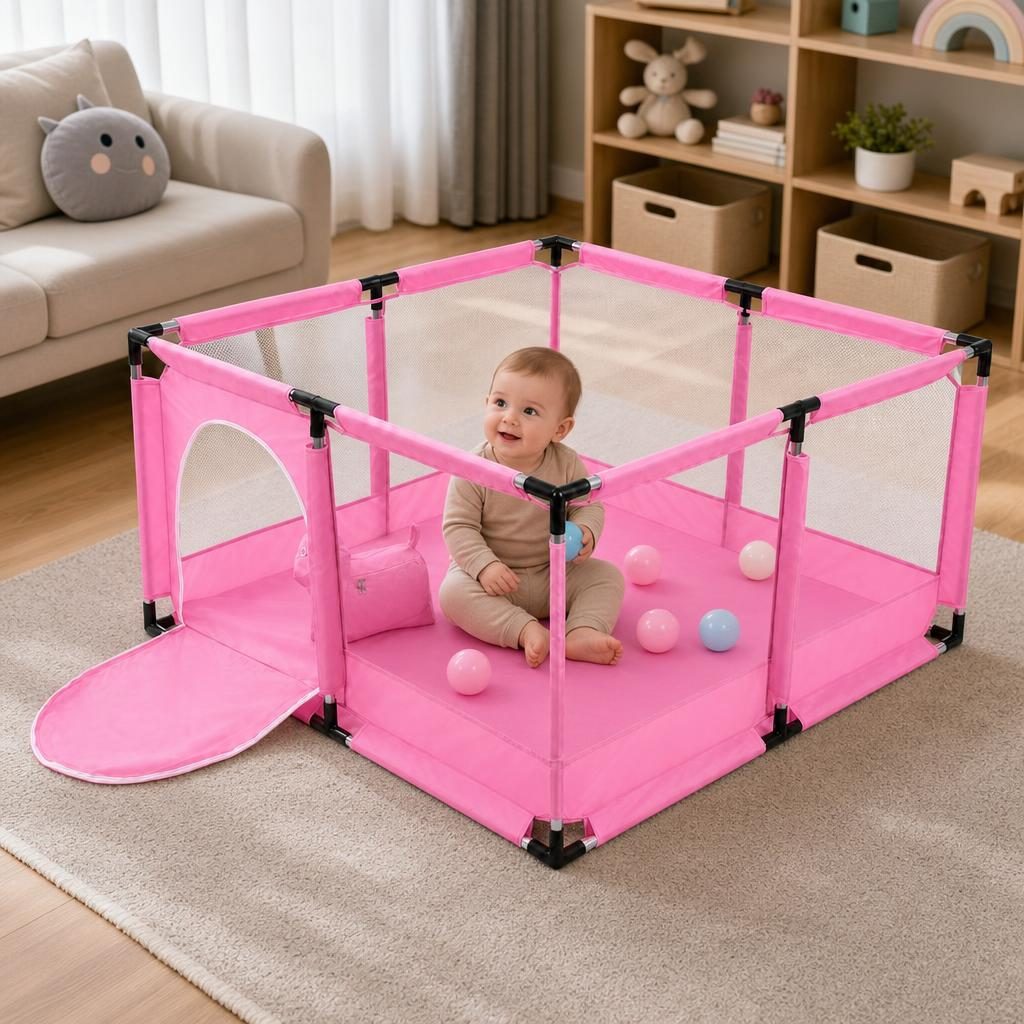 Tarc de Joaca pentru Copii DNT-106, , Model Spatiu Fotbal, 126 x 126 x 65 cm, Structura de Protectie pentru Interior, ABS si Poliester rezistent, Roz 4