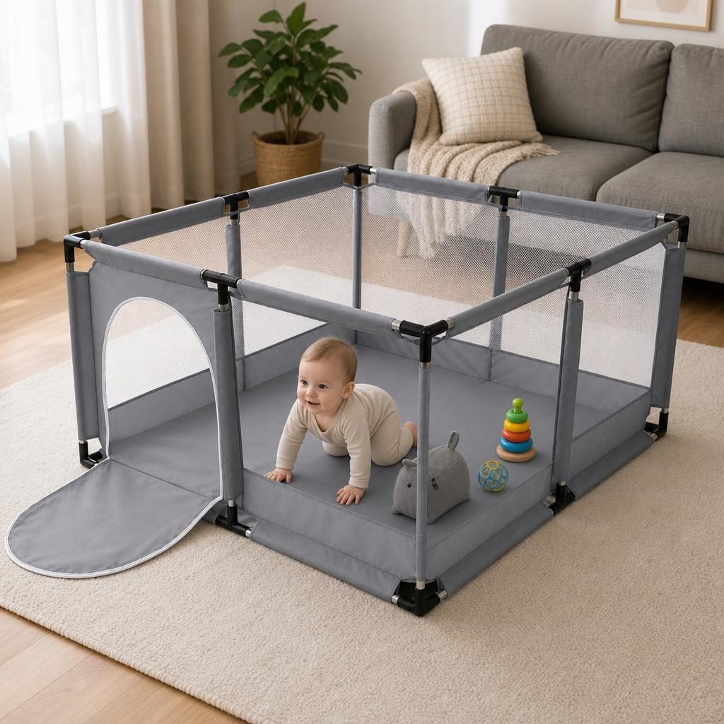 Tarc de Joaca pentru Copii DNT-106, , Model Spatiu Fotbal, 126 x 126 x 65 cm, Structura de Protectie pentru Interior, ABS si Poliester rezistent, Gri 2