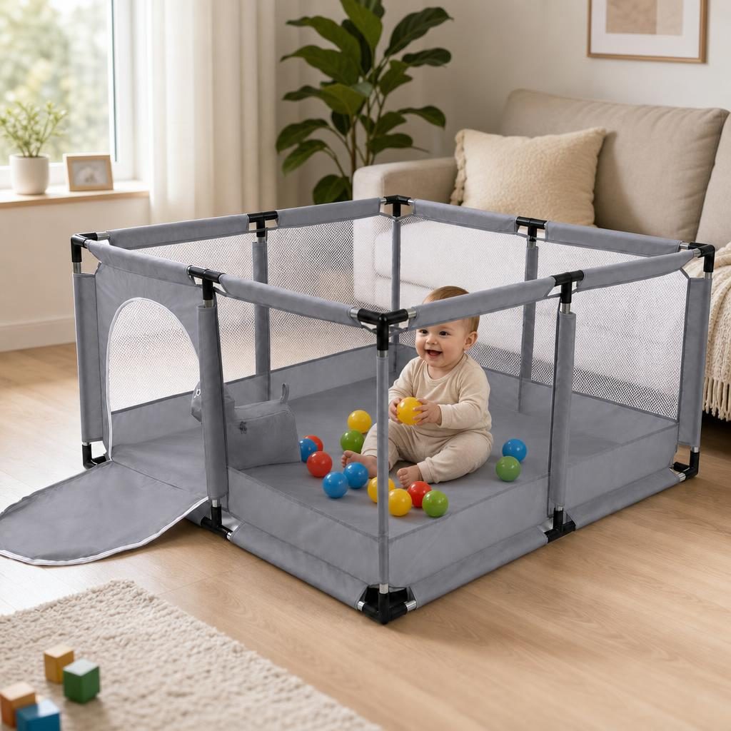 Tarc de Joaca pentru Copii DNT-106, , Model Spatiu Fotbal, 126 x 126 x 65 cm, Structura de Protectie pentru Interior, ABS si Poliester rezistent, Gri 3