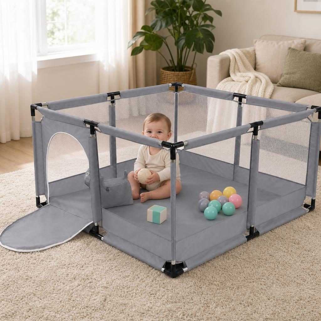 Tarc de Joaca pentru Copii DNT-106, , Model Spatiu Fotbal, 126 x 126 x 65 cm, Structura de Protectie pentru Interior, ABS si Poliester rezistent, Gri 4