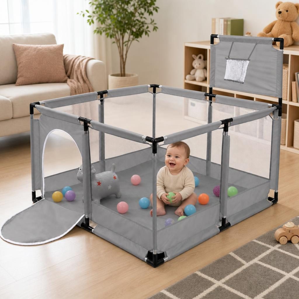 Tarc de Joaca pentru Copii DNT-106, , Model Spatiu Basketball, 126 x 126 x 65 cm, Structura de Protectie pentru Interior, ABS si Poliester rezistent, Gri 2