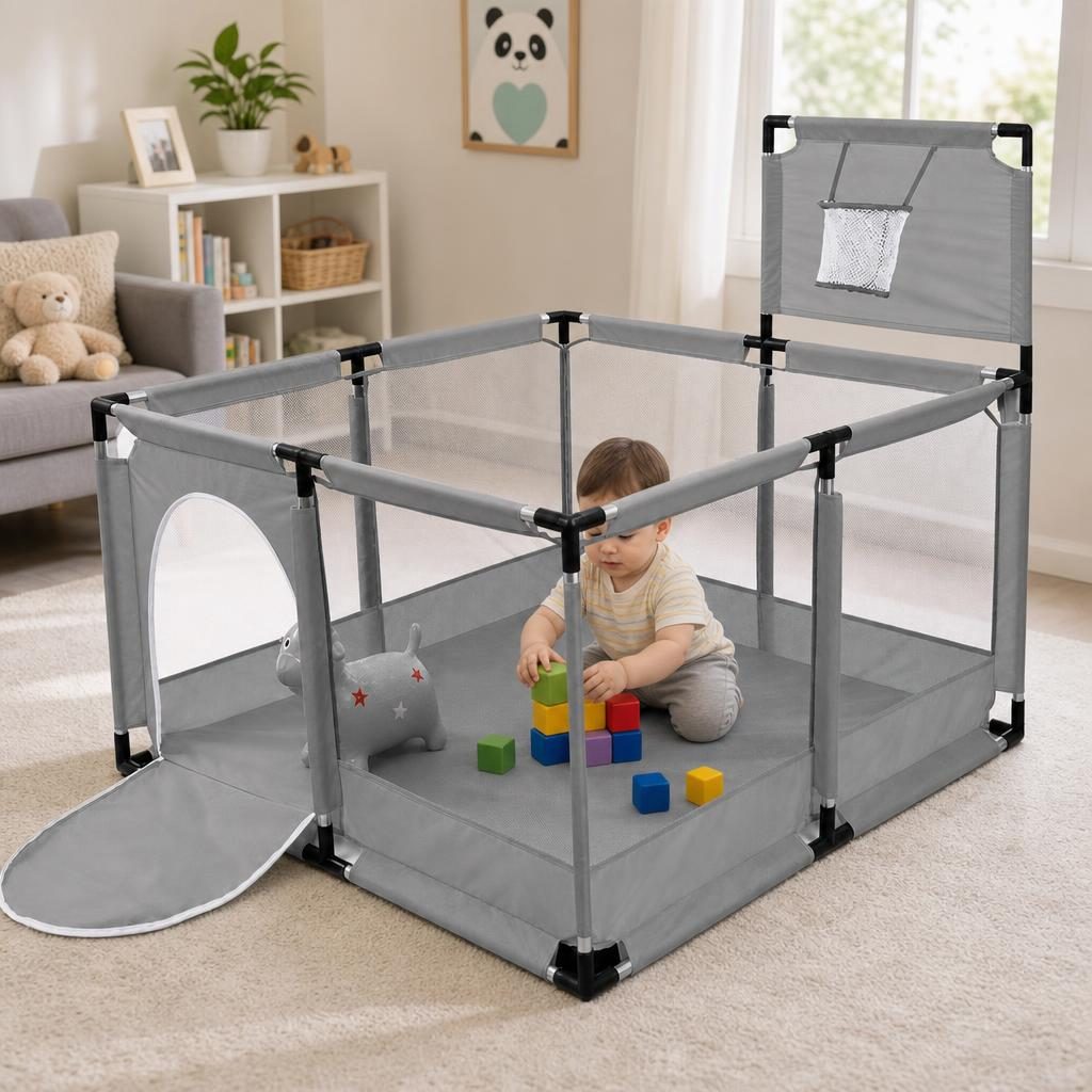 Tarc de Joaca pentru Copii DNT-106, , Model Spatiu Basketball, 126 x 126 x 65 cm, Structura de Protectie pentru Interior, ABS si Poliester rezistent, Gri 3