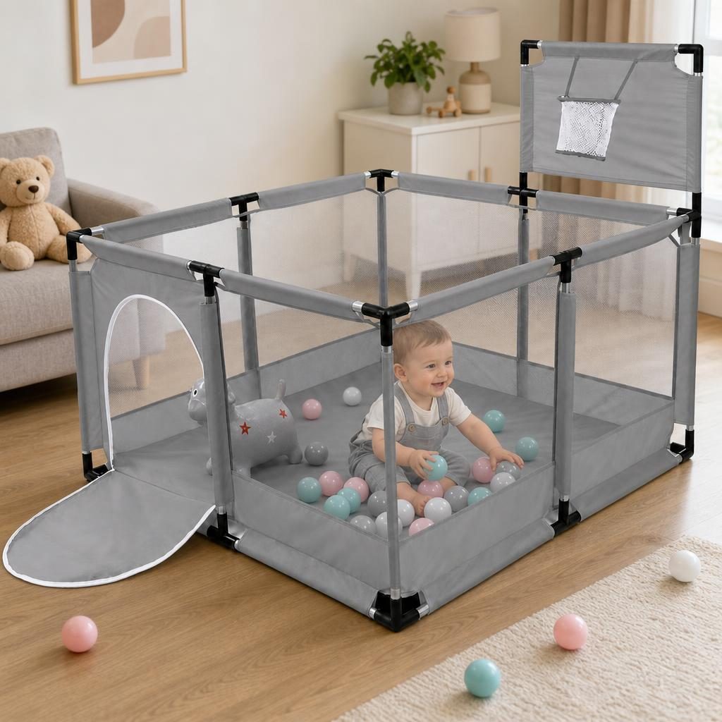 Tarc de Joaca pentru Copii DNT-106, , Model Spatiu Basketball, 126 x 126 x 65 cm, Structura de Protectie pentru Interior, ABS si Poliester rezistent, Gri 4