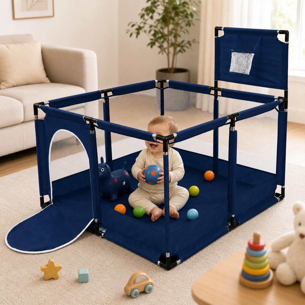 Tarc de Joaca pentru Copii DNT-106, , Model Spatiu Basketball, 126 x 126 x 65 cm, Structura de Protectie pentru Interior, ABS si Poliester rezistent, Albastru marin 2