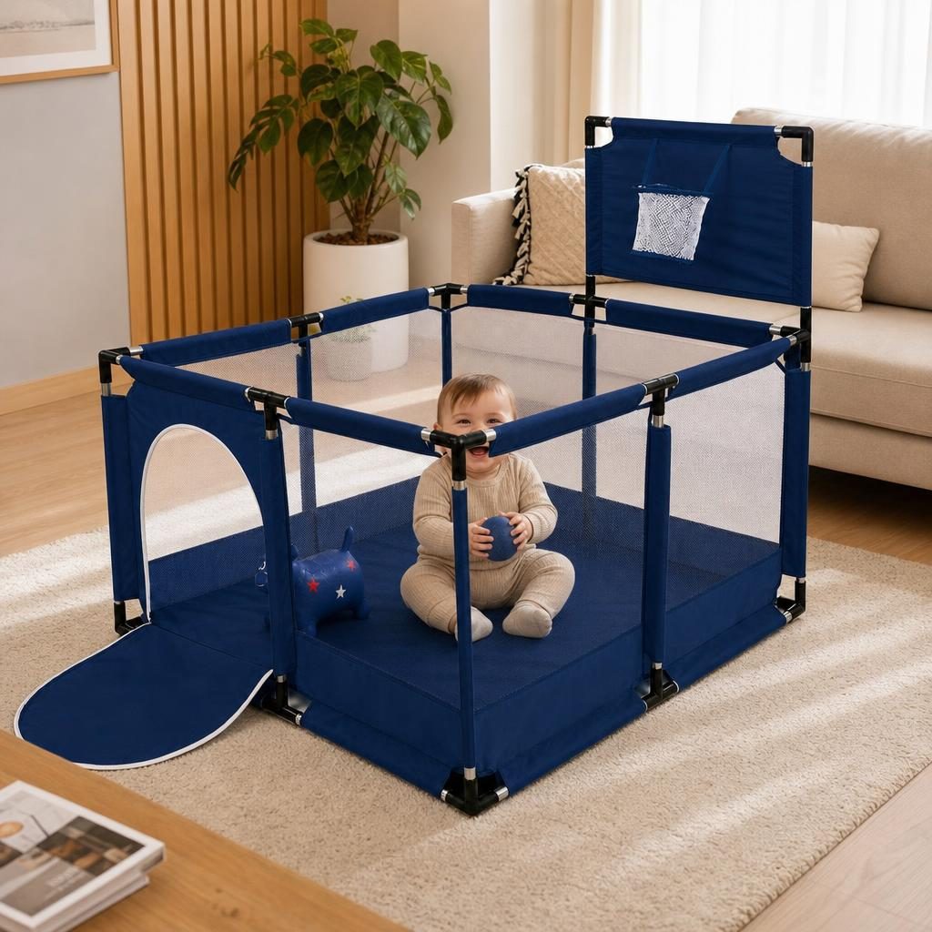 Tarc de Joaca pentru Copii DNT-106, , Model Spatiu Basketball, 126 x 126 x 65 cm, Structura de Protectie pentru Interior, ABS si Poliester rezistent, Albastru marin 3