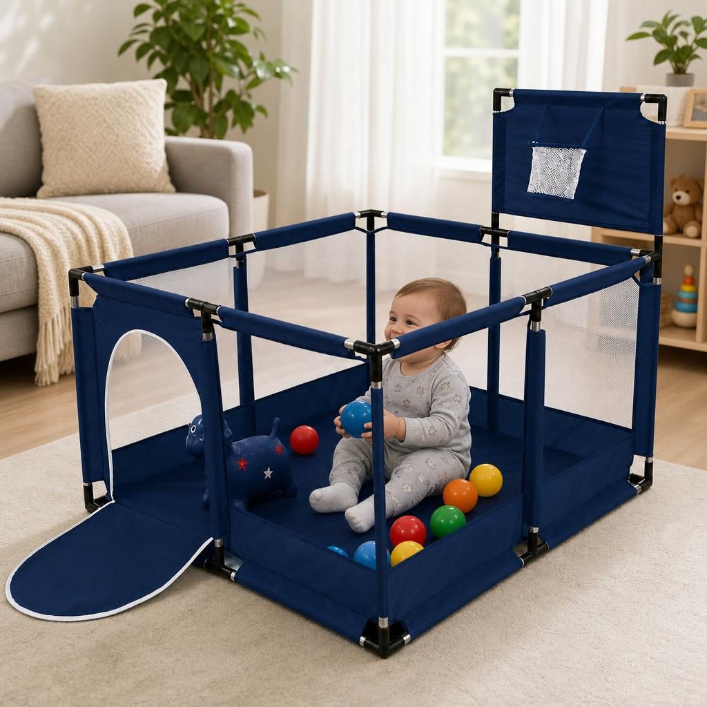 Tarc de Joaca pentru Copii DNT-106, , Model Spatiu Basketball, 126 x 126 x 65 cm, Structura de Protectie pentru Interior, ABS si Poliester rezistent, Albastru marin 4