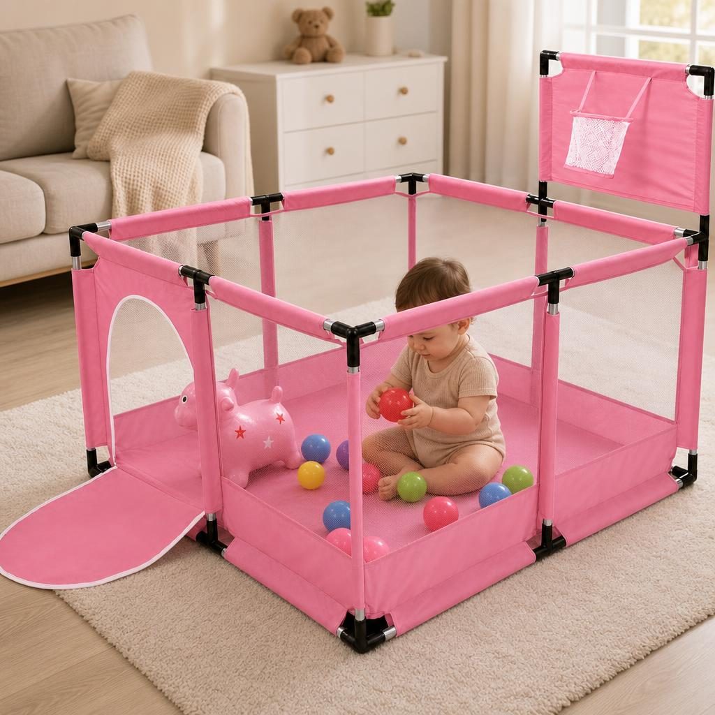 Tarc de Joaca pentru Copii DNT-106, , Model Spatiu Basketball, 126 x 126 x 65 cm, Structura de Protectie pentru Interior, ABS si Poliester rezistent, Roz 2