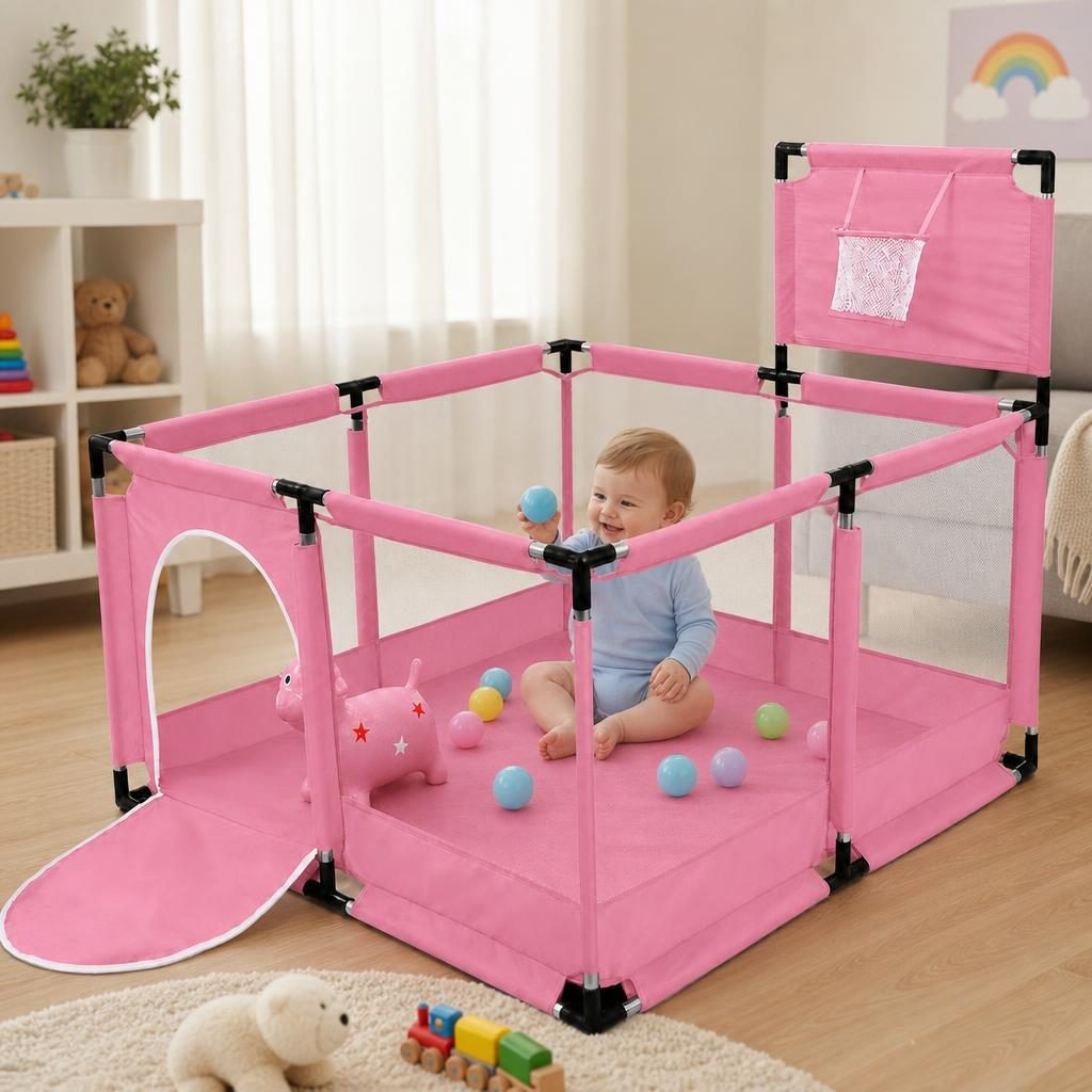 Tarc de Joaca pentru Copii DNT-106, , Model Spatiu Basketball, 126 x 126 x 65 cm, Structura de Protectie pentru Interior, ABS si Poliester rezistent, Roz 3