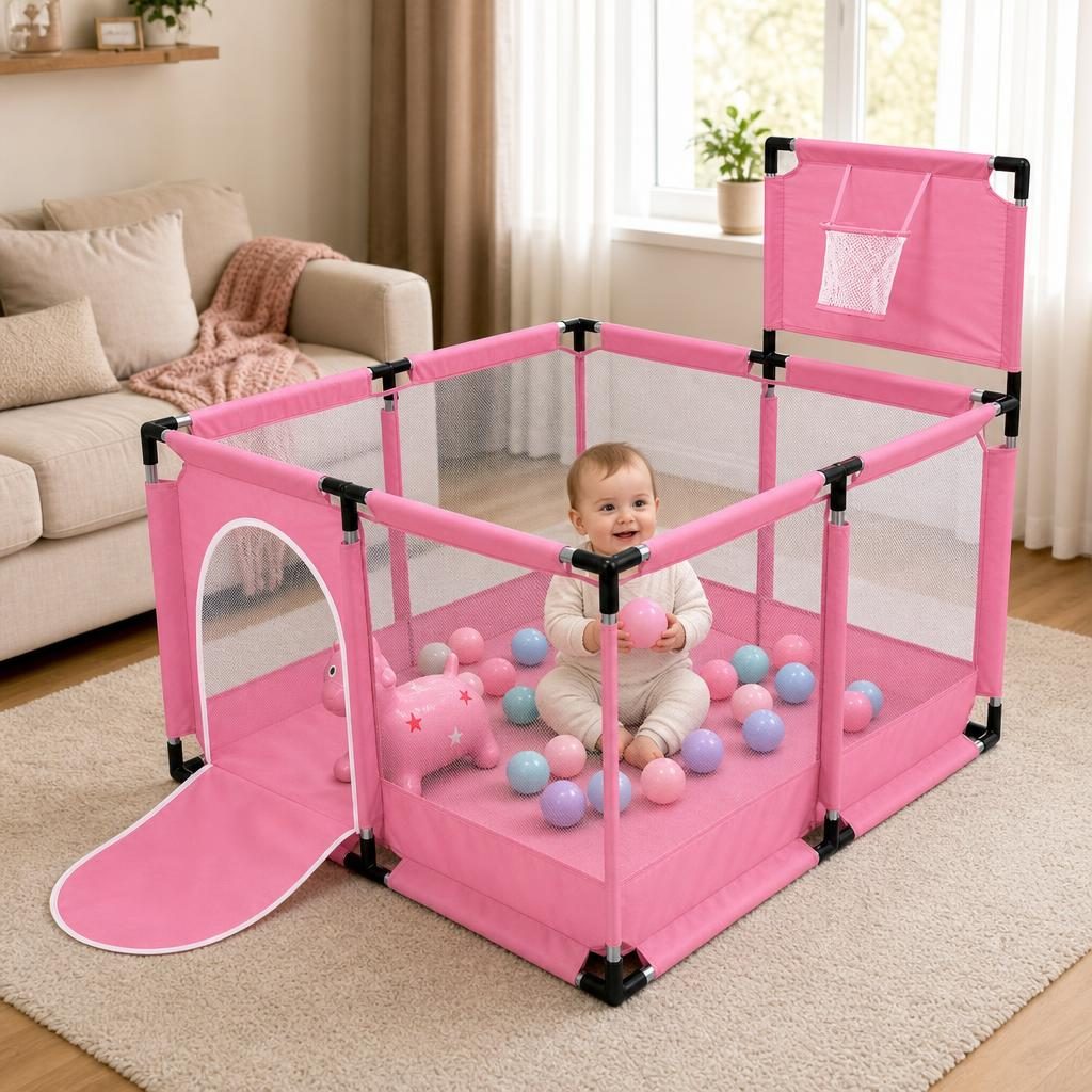 Tarc de Joaca pentru Copii DNT-106, , Model Spatiu Basketball, 126 x 126 x 65 cm, Structura de Protectie pentru Interior, ABS si Poliester rezistent, Roz 4