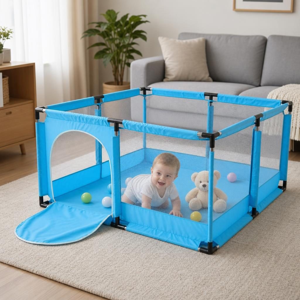 Tarc de Joaca pentru Copii DNT-106, , Model Spatiu Fotbal, 126 x 126 x 65 cm, Structura de Protectie pentru Interior, ABS si Poliester rezistent, Albastru Deschis 2