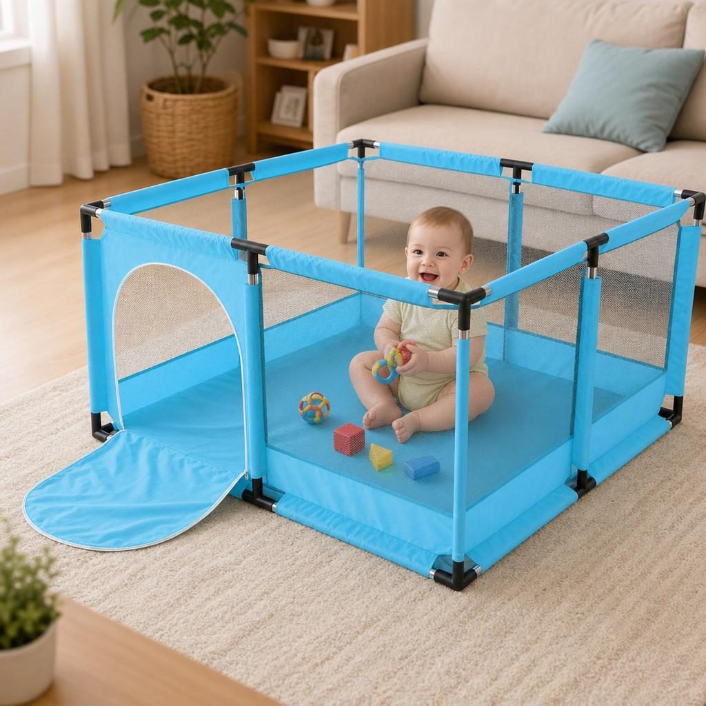 Tarc de Joaca pentru Copii DNT-106, , Model Spatiu Fotbal, 126 x 126 x 65 cm, Structura de Protectie pentru Interior, ABS si Poliester rezistent, Albastru Deschis 3