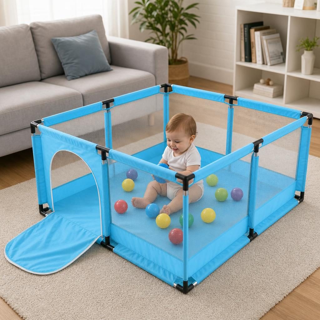 Tarc de Joaca pentru Copii DNT-106, , Model Spatiu Fotbal, 126 x 126 x 65 cm, Structura de Protectie pentru Interior, ABS si Poliester rezistent, Albastru Deschis 4