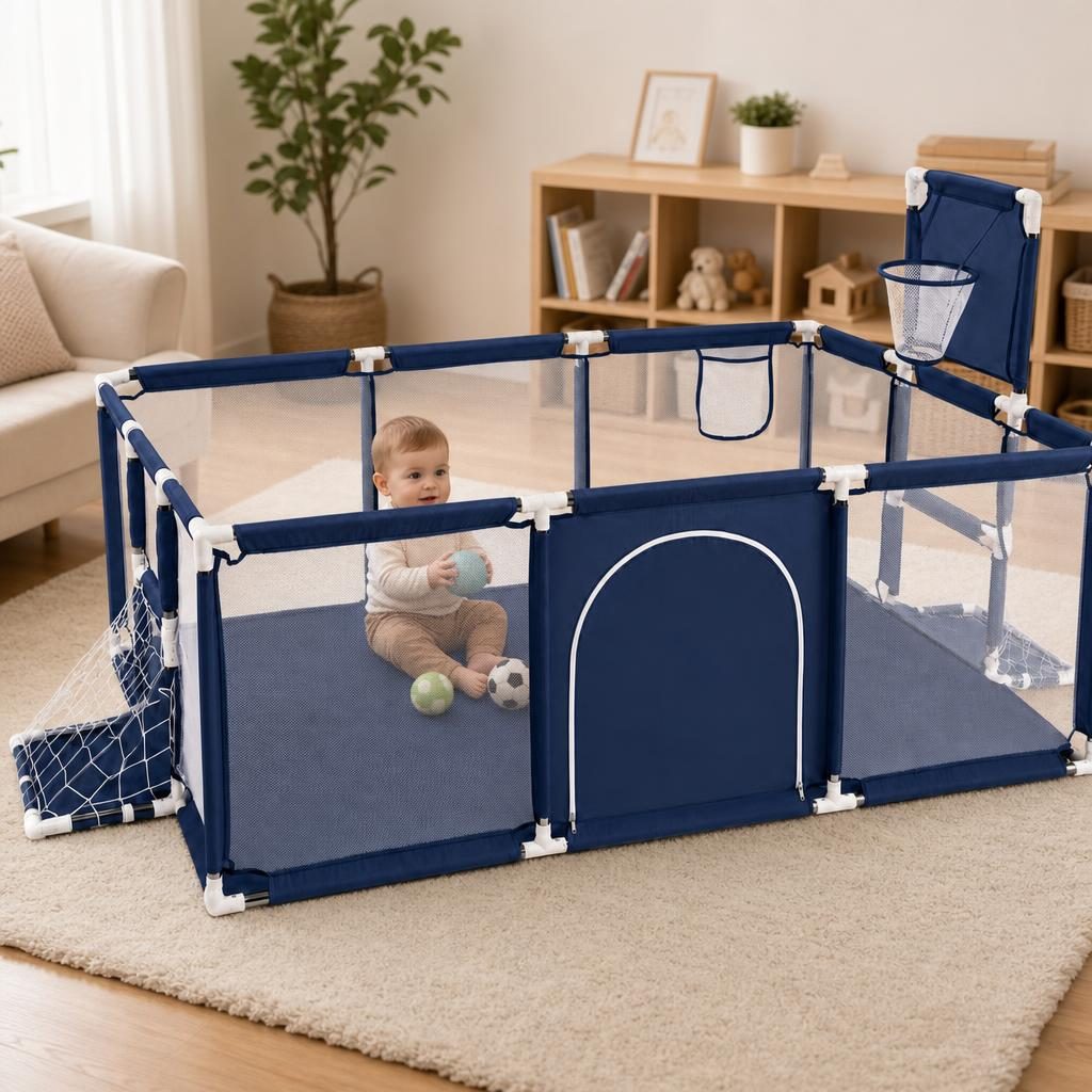 Tarc de Joaca pentru Copii DNT-108, , Model Spatiu Fotbal si Basketball, 230 x 122 x 65 cm, Structura de Protectie pentru Interior, ABS si Poliester rezistent, Albastru marin 2