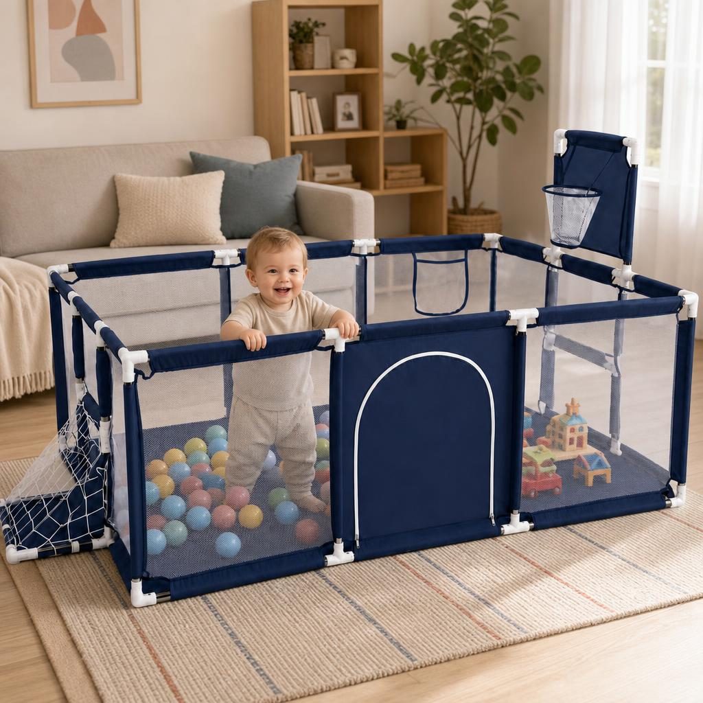 Tarc de Joaca pentru Copii DNT-108, , Model Spatiu Fotbal si Basketball, 230 x 122 x 65 cm, Structura de Protectie pentru Interior, ABS si Poliester rezistent, Albastru marin 3