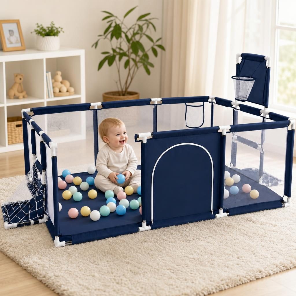 Tarc de Joaca pentru Copii DNT-108, , Model Spatiu Fotbal si Basketball, 230 x 122 x 65 cm, Structura de Protectie pentru Interior, ABS si Poliester rezistent, Albastru marin 4