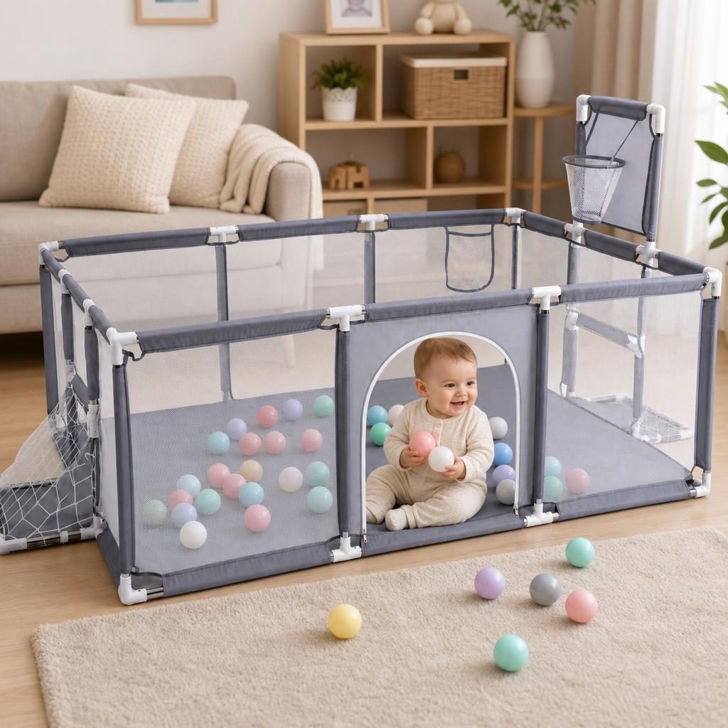 Tarc de Joaca pentru Copii DNT-108, , Model Spatiu Fotbal si Basketball, 230 x 122 x 65 cm, Structura de Protectie pentru Interior, ABS si Poliester rezistent, Gri 2