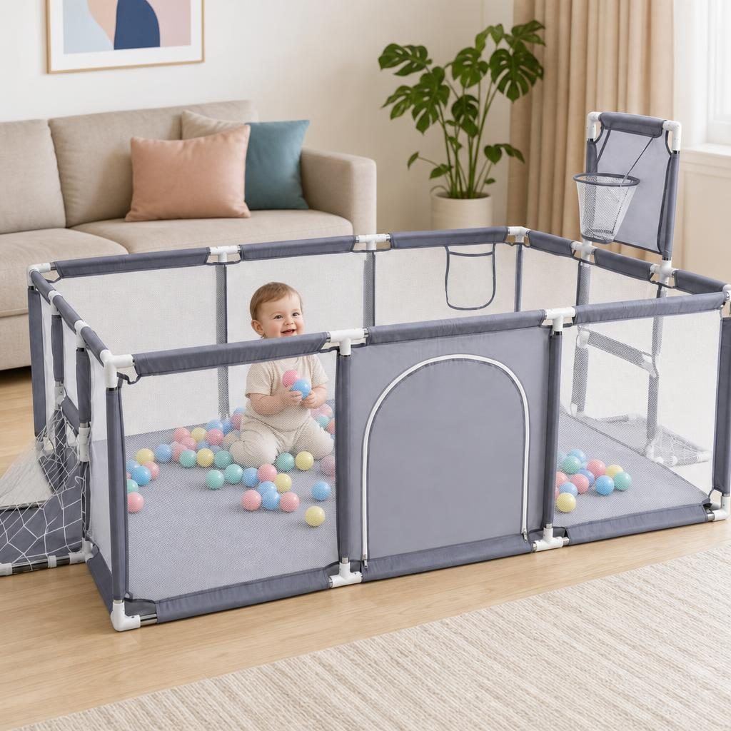 Tarc de Joaca pentru Copii DNT-108, , Model Spatiu Fotbal si Basketball, 230 x 122 x 65 cm, Structura de Protectie pentru Interior, ABS si Poliester rezistent, Gri 3