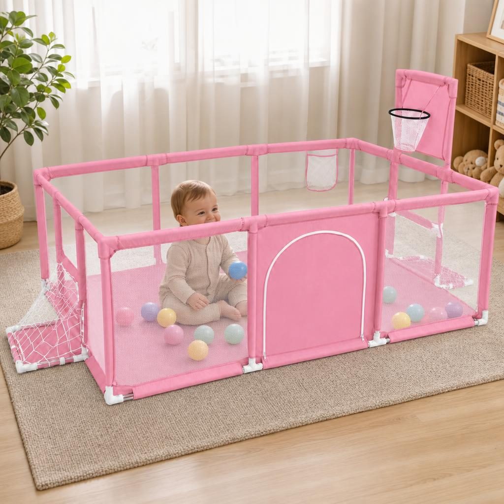 Tarc de Joaca pentru Copii DNT-109, , Model Spatiu Fotbal si Basketball, 230 x 122 x 65 cm, Margini Acoperite Structura de Protectie pentru Interior, ABS si Poliester rezistent, Roz 2