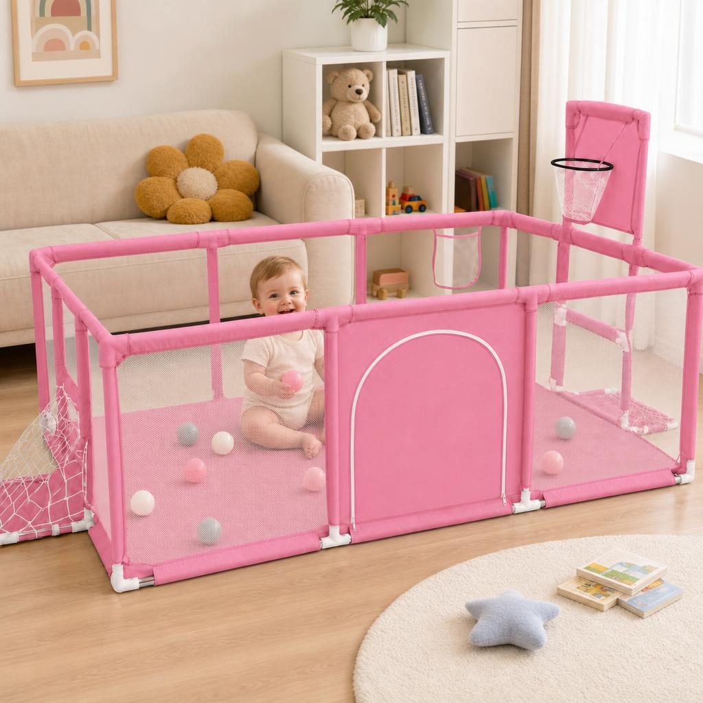 Tarc de Joaca pentru Copii DNT-109, , Model Spatiu Fotbal si Basketball, 230 x 122 x 65 cm, Margini Acoperite Structura de Protectie pentru Interior, ABS si Poliester rezistent, Roz 3