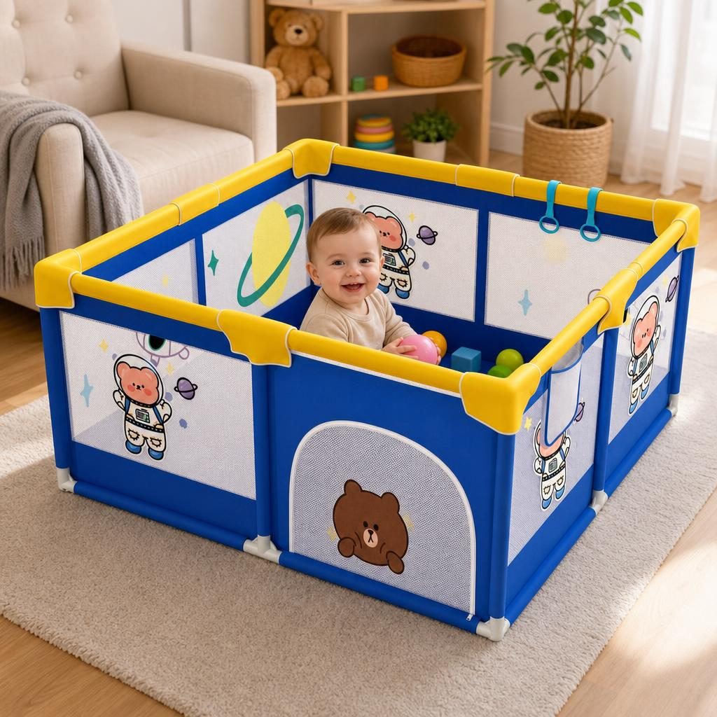 Tarc Spatiu de Joaca pentru Copii DNT-113, , 120 x 120 x 65 cm, Structura de Protectie pentru Interior, ABS si Poliester rezistent, Albastru/Galben 3