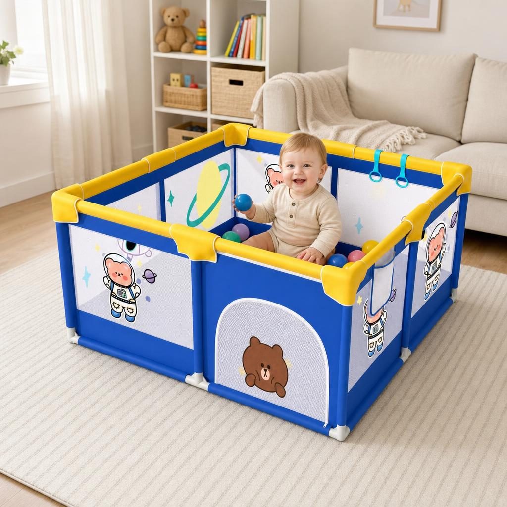 Tarc Spatiu de Joaca pentru Copii DNT-113, , 120 x 120 x 65 cm, Structura de Protectie pentru Interior, ABS si Poliester rezistent, Albastru/Galben 5