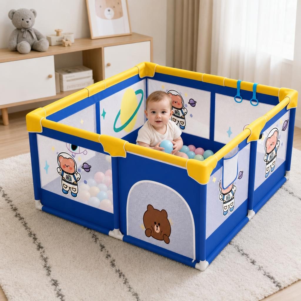 Tarc Spatiu de Joaca pentru Copii DNT-113, , 180 x 120 x 65 cm, Structura de Protectie pentru Interior, ABS si Poliester rezistent, Albastru/Galben 3