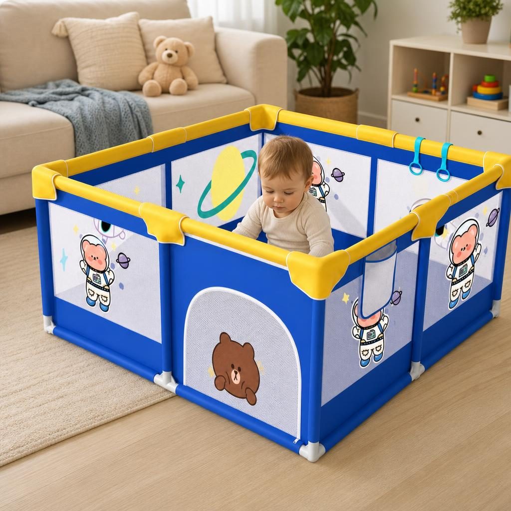 Tarc Spatiu de Joaca pentru Copii DNT-113, , 180 x 120 x 65 cm, Structura de Protectie pentru Interior, ABS si Poliester rezistent, Albastru/Galben 4