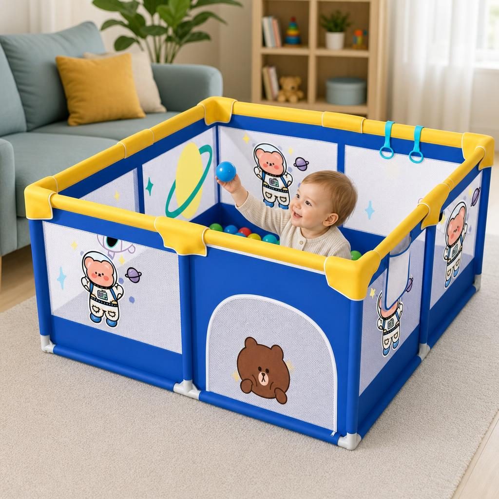 Tarc Spatiu de Joaca pentru Copii DNT-113, , 180 x 150 x 65 cm, Structura de Protectie pentru Interior, ABS si Poliester rezistent, Albastru/Galben 3