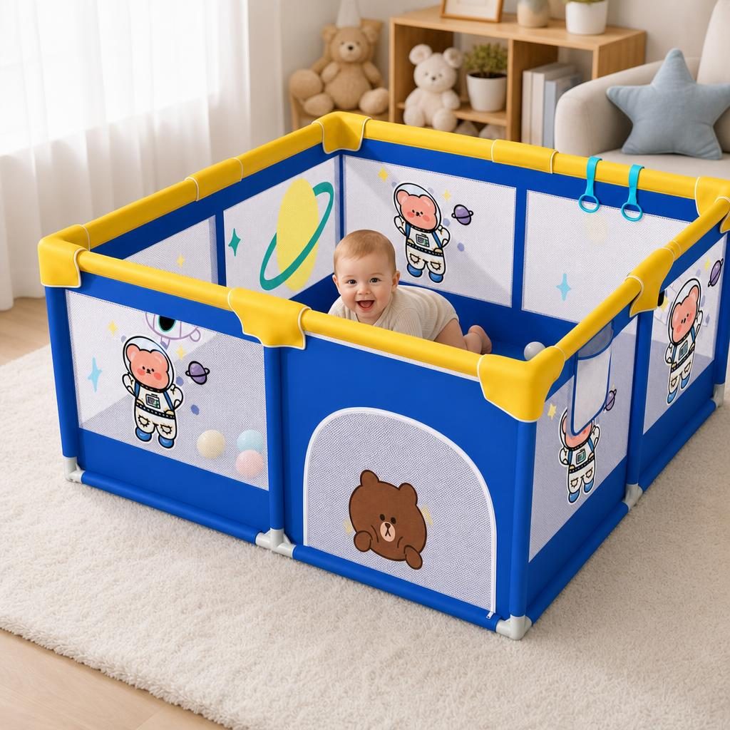 Tarc Spatiu de Joaca pentru Copii DNT-113, , 200 x 150 x 65 cm, Structura de Protectie pentru Interior, ABS si Poliester rezistent, Albastru/Galben 3