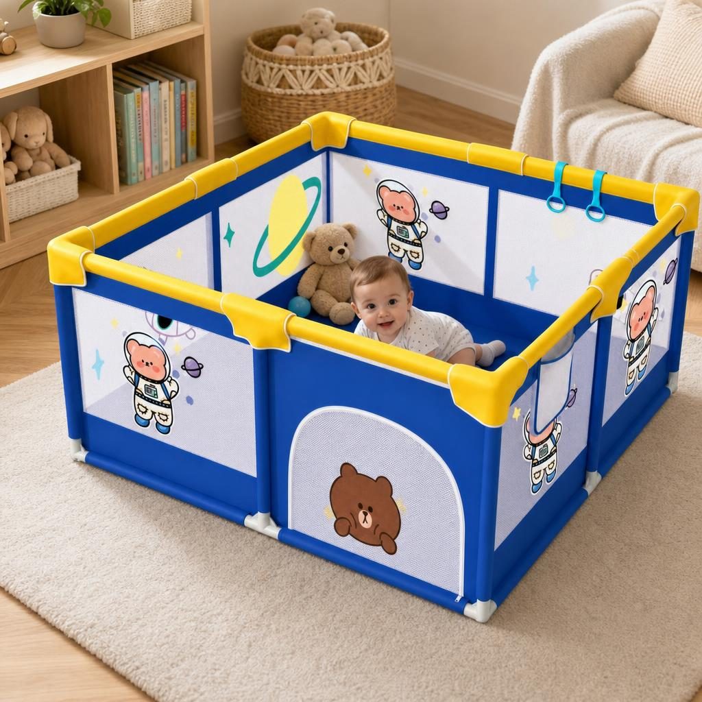 Tarc Spatiu de Joaca pentru Copii DNT-113, , 200 x 180 x 65 cm, Structura de Protectie pentru Interior, ABS si Poliester rezistent, Albastru/Galben 3
