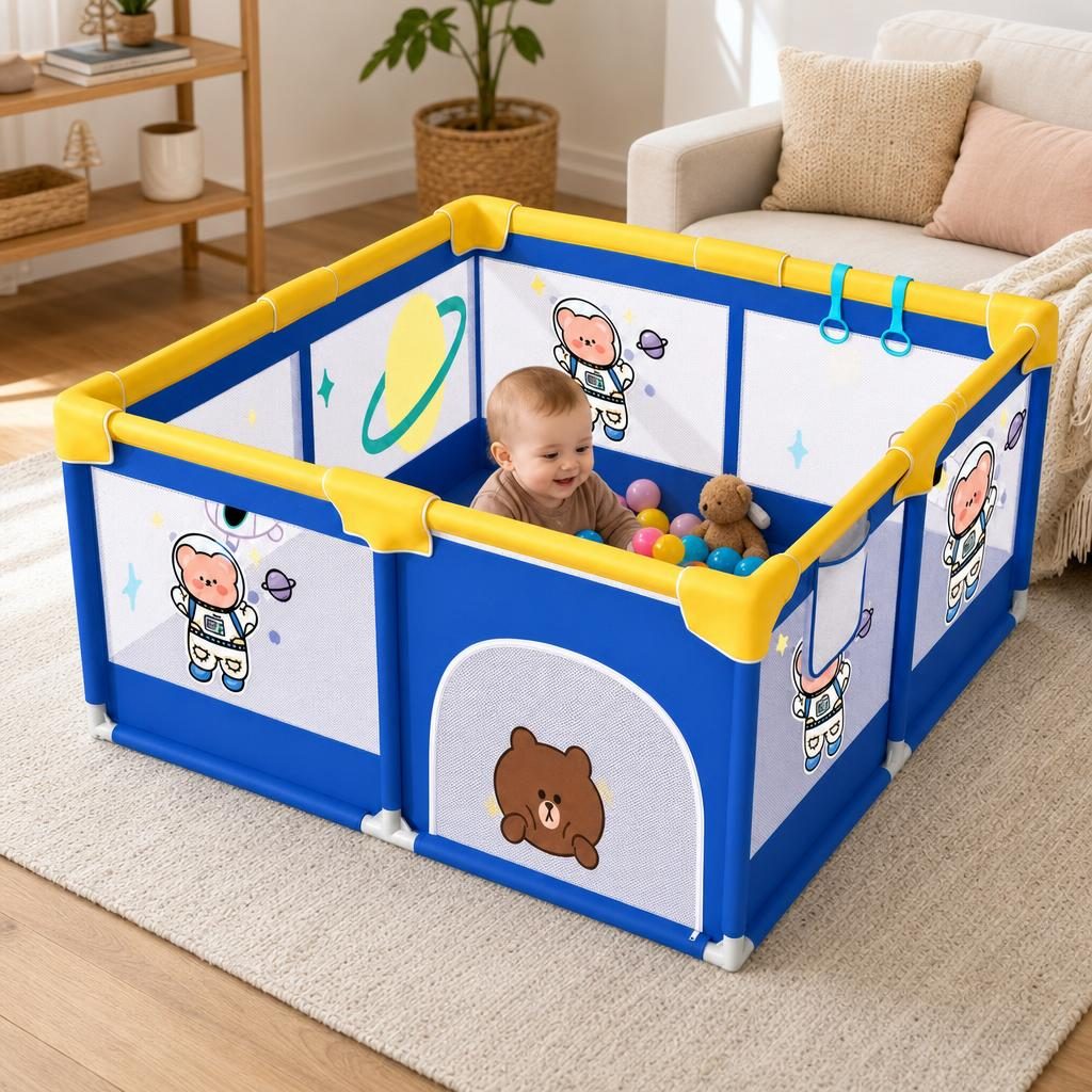 Tarc Spatiu de Joaca pentru Copii DNT-113, , 200 x 180 x 65 cm, Structura de Protectie pentru Interior, ABS si Poliester rezistent, Albastru/Galben 5