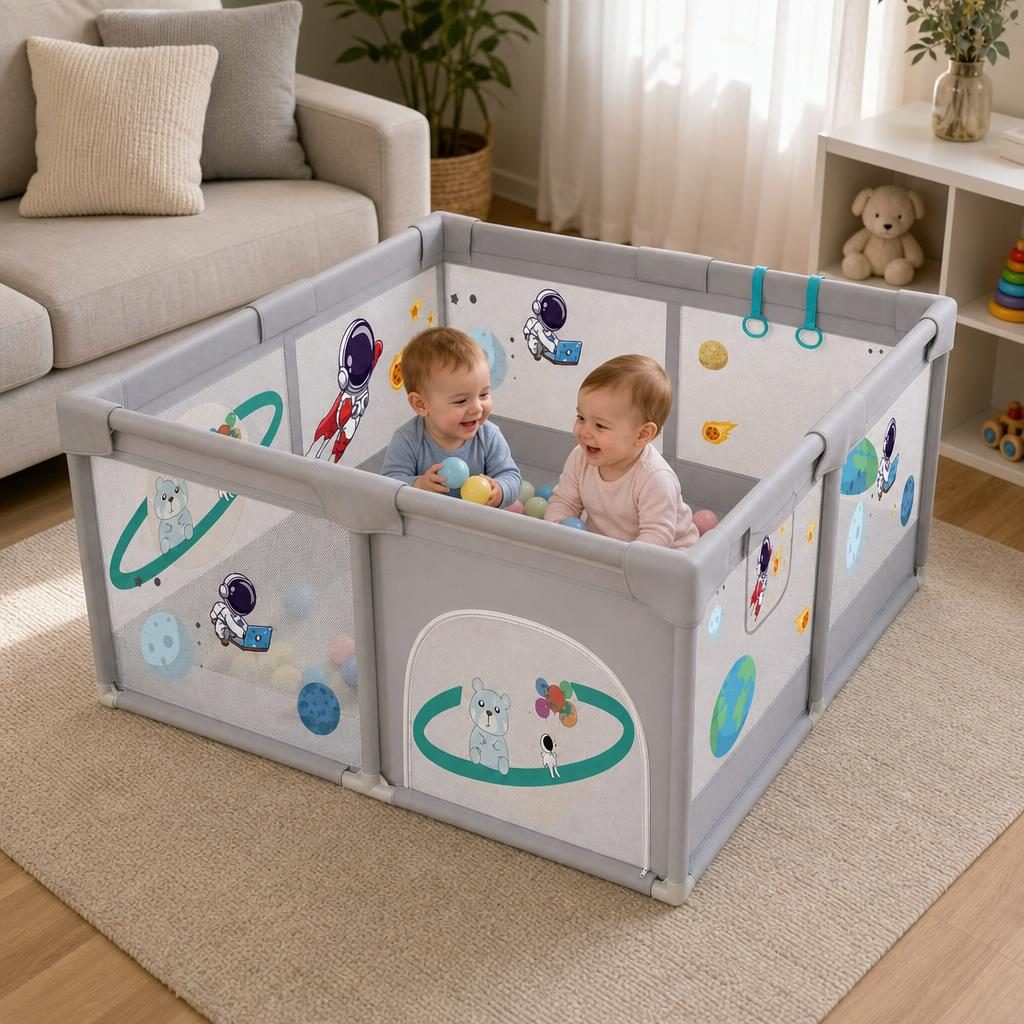 Tarc Spatiu de Joaca pentru Copii DNT-113, , 120 x 120 x 65 cm, Structura de Protectie pentru Interior, ABS si Poliester rezistent, Bej/Gri 3