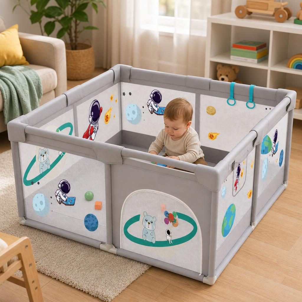 Tarc Spatiu de Joaca pentru Copii DNT-113, , 120 x 120 x 65 cm, Structura de Protectie pentru Interior, ABS si Poliester rezistent, Bej/Gri 4