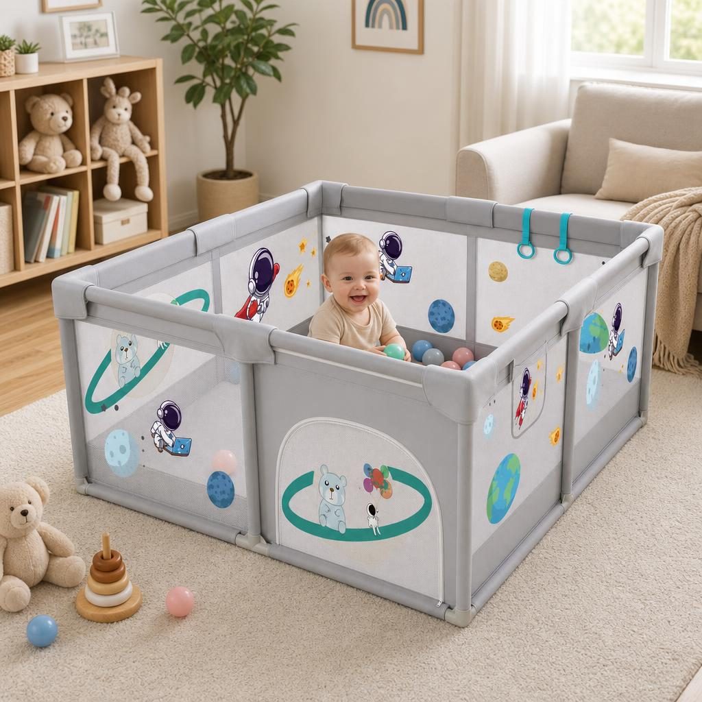 Tarc Spatiu de Joaca pentru Copii DNT-113, , 180 x 120 x 65 cm, Structura de Protectie pentru Interior, ABS si Poliester rezistent, Bej/Gri 3