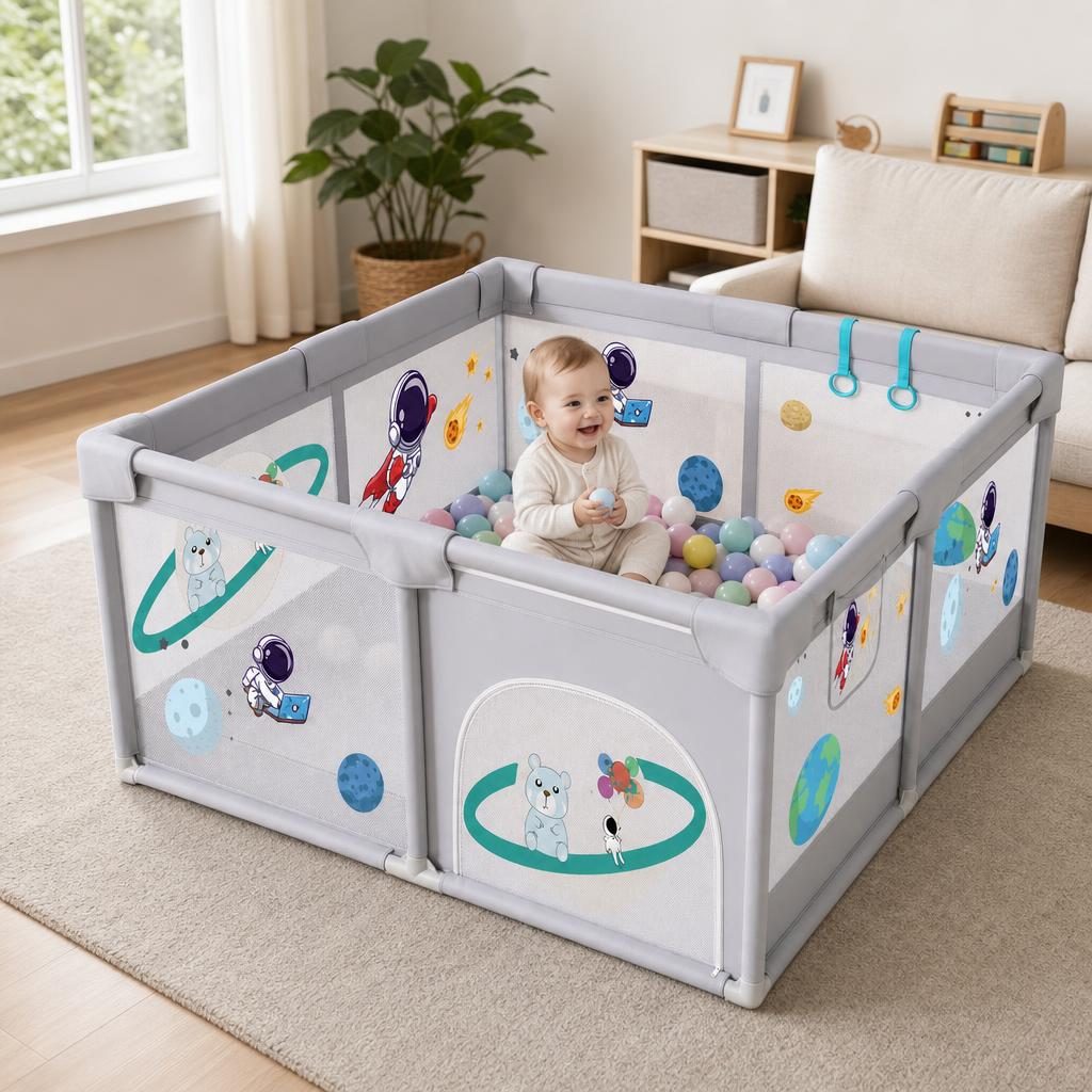 Tarc Spatiu de Joaca pentru Copii DNT-113, , 180 x 120 x 65 cm, Structura de Protectie pentru Interior, ABS si Poliester rezistent, Bej/Gri 5