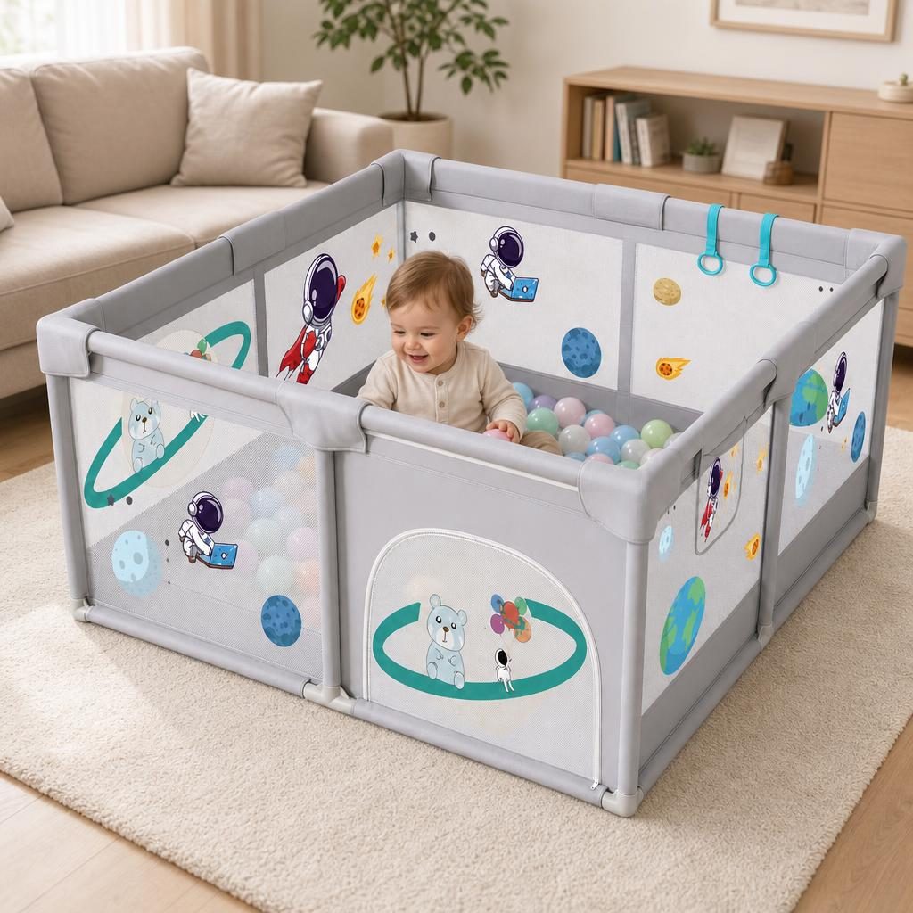 Tarc Spatiu de Joaca pentru Copii DNT-113, , 180 x 150 x 65 cm, Structura de Protectie pentru Interior, ABS si Poliester rezistent, Bej/Gri 3