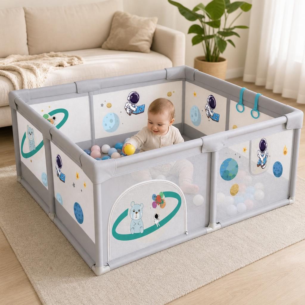Tarc Spatiu de Joaca pentru Copii DNT-113, , 180 x 150 x 65 cm, Structura de Protectie pentru Interior, ABS si Poliester rezistent, Bej/Gri 5