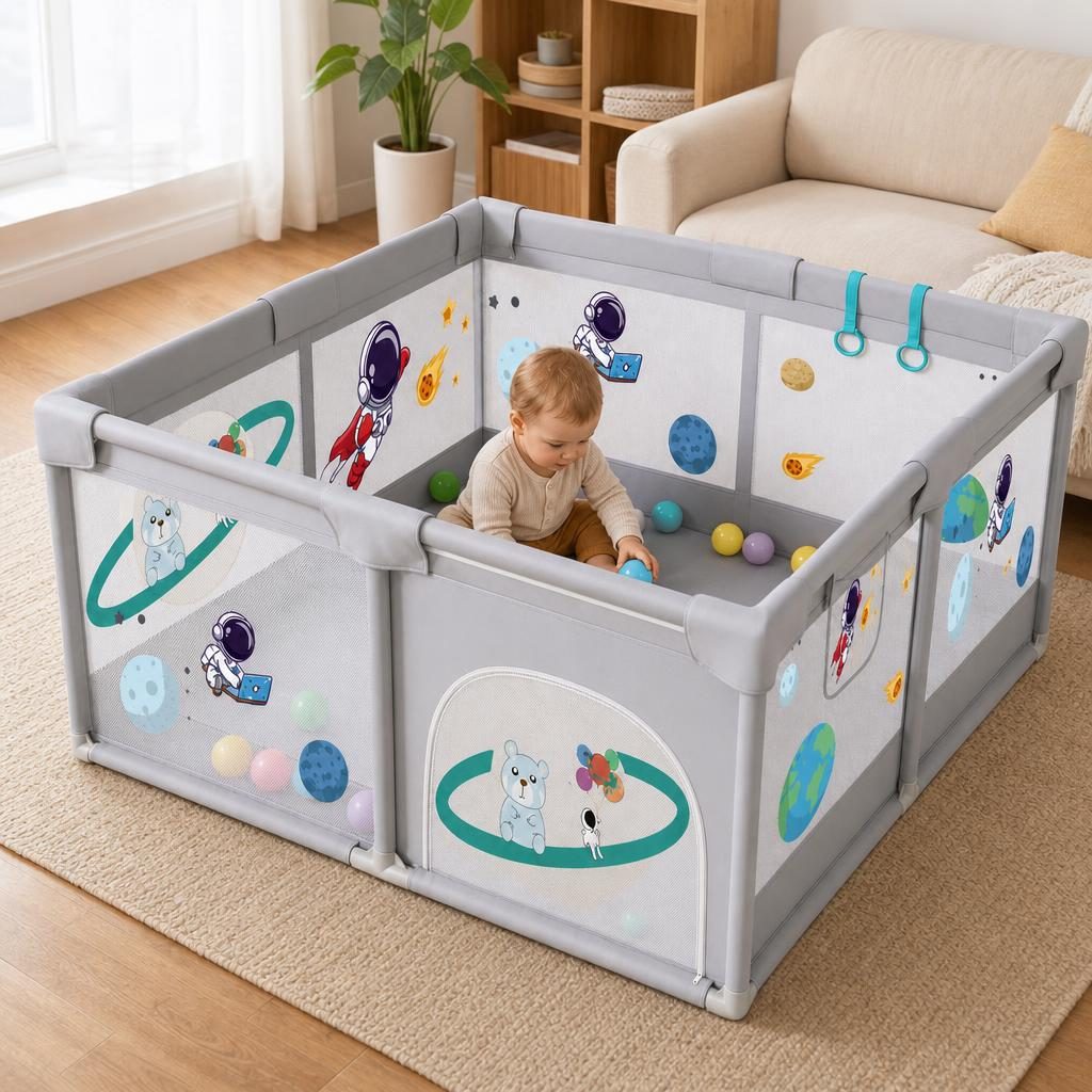 Tarc Spatiu de Joaca pentru Copii DNT-113, , 200 x 150 x 65 cm, Structura de Protectie pentru Interior, ABS si Poliester rezistent, Bej/Gri 3