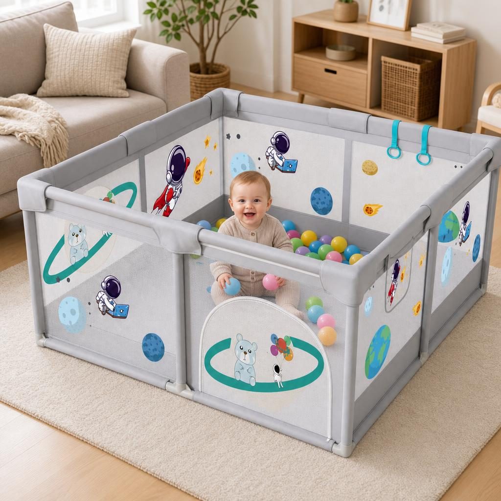 Tarc Spatiu de Joaca pentru Copii DNT-113, , 200 x 150 x 65 cm, Structura de Protectie pentru Interior, ABS si Poliester rezistent, Bej/Gri 5
