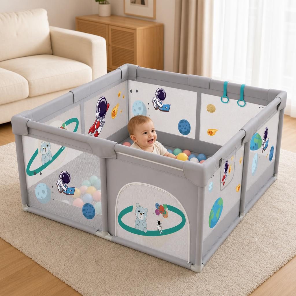 Tarc Spatiu de Joaca pentru Copii DNT-113, , 200 x 180 x 65 cm, Structura de Protectie pentru Interior, ABS si Poliester rezistent, Bej/Gri 3