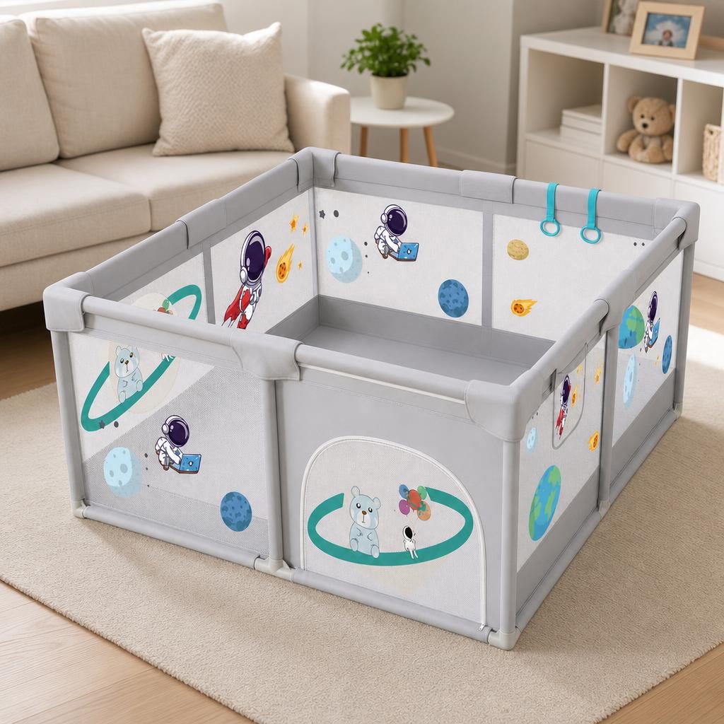 Tarc Spatiu de Joaca pentru Copii DNT-113, , 200 x 180 x 65 cm, Structura de Protectie pentru Interior, ABS si Poliester rezistent, Bej/Gri 5