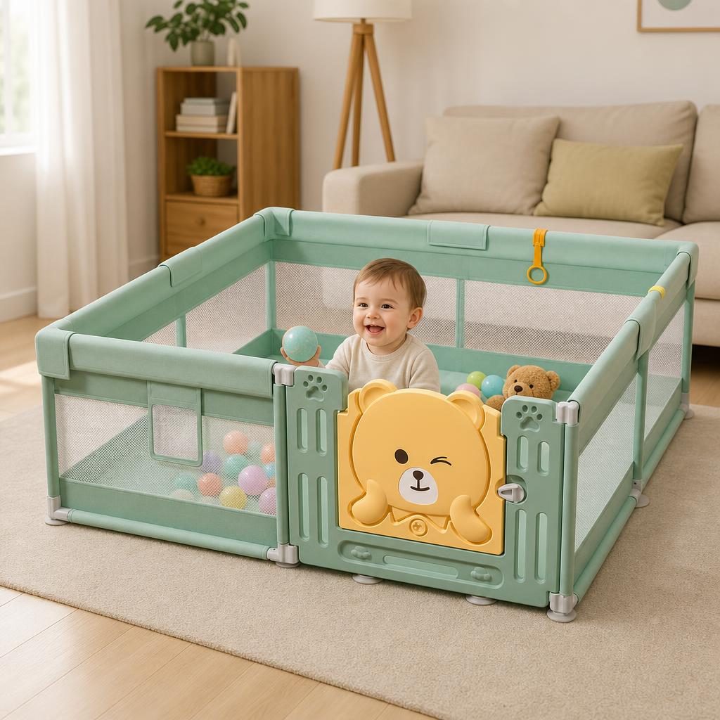 Tarc de Joaca pentru Bebelusi cu Poarta de Siguranta, , DNT-147, 180 x 120 x 65 cm, pana la 3 ani, Spatiu de Joaca pentru Interior/Exterior, Portabil pentru Curte, Plasa Respirabila, ABS Poiester, Verde 2