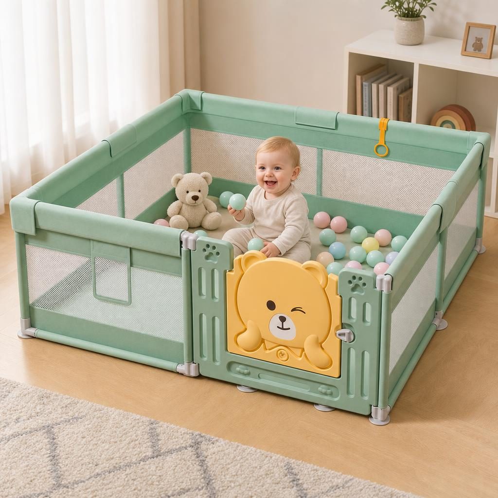 Tarc de Joaca pentru Bebelusi cu Poarta de Siguranta, , DNT-147, 180 x 120 x 65 cm, pana la 3 ani, Spatiu de Joaca pentru Interior/Exterior, Portabil pentru Curte, Plasa Respirabila, ABS Poiester, Verde 3