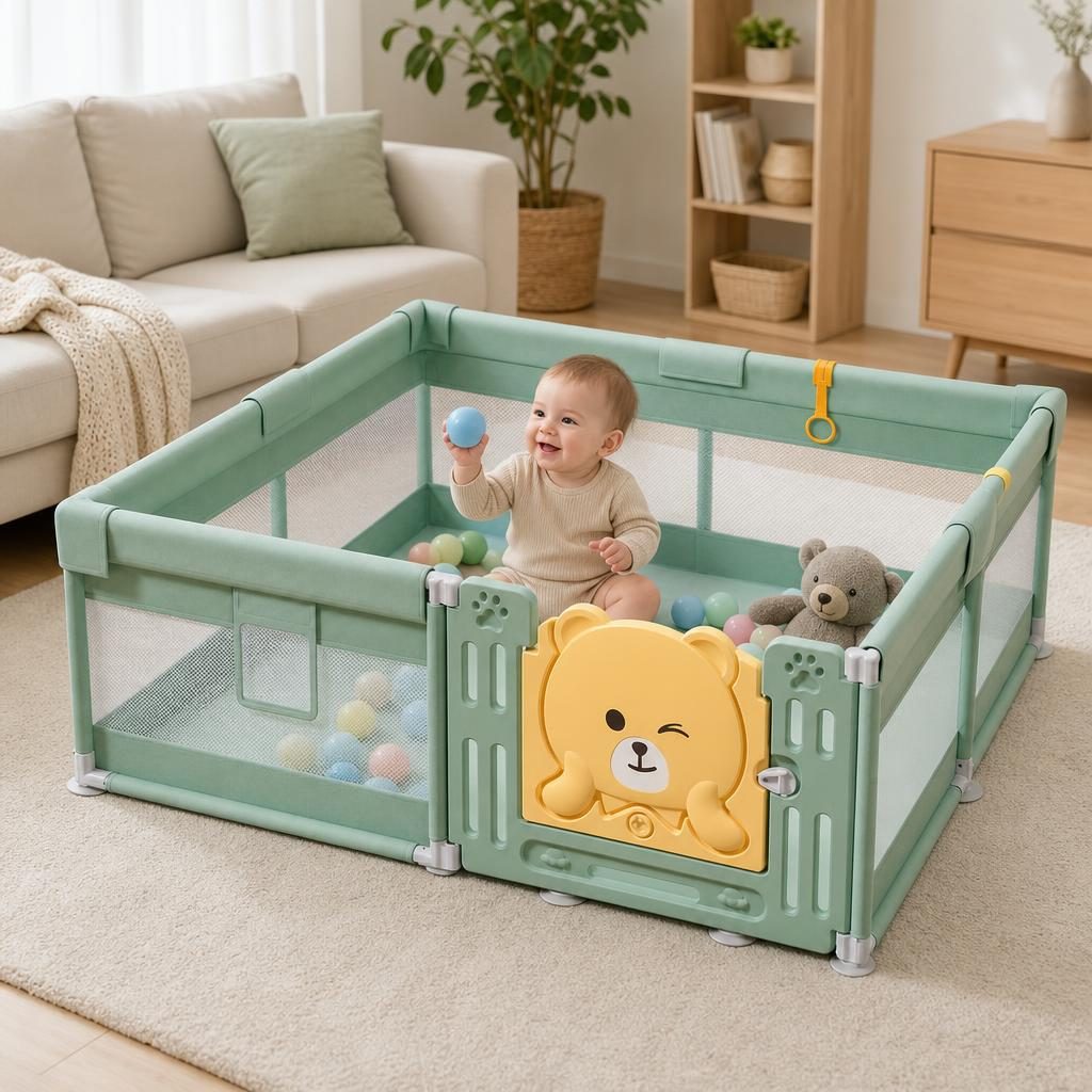 Tarc de Joaca pentru Bebelusi cu Poarta de Siguranta, , DNT-147, 180 x 120 x 65 cm, pana la 3 ani, Spatiu de Joaca pentru Interior/Exterior, Portabil pentru Curte, Plasa Respirabila, ABS Poiester, Verde 4