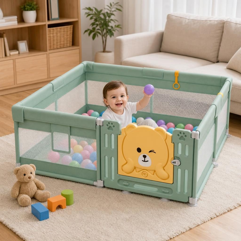 Tarc de Joaca pentru Bebelusi cu Poarta de Siguranta, , DNT-147, 180 x 150 x 65 cm, pana la 3 ani, Spatiu de Joaca pentru Interior/Exterior, Portabil pentru Curte, Plasa Respirabila, ABS Poiester, Verde 2
